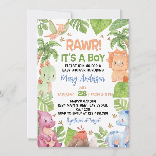 男の子の恐竜の赤ちゃんシャワー 招待状 (正面)