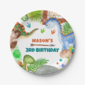 男の子の恐竜の3歳の誕生日パーティー ペーパープレート (正面)