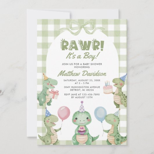 男の子の恐竜ジンガムの赤ちゃんシャワー 招待状 (正面)
