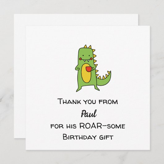 男の子の恐竜感謝カード - 編集可能なパーティー 招待状 (正面/裏面)