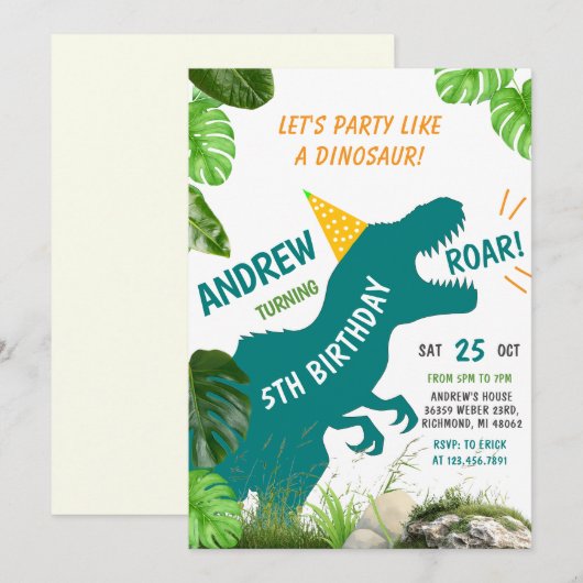 男の子の恐竜T-Rex誕生日 招待状 (正面/裏面)
