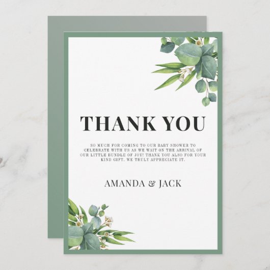 男の子の手のひら離れフローラグリーンベイビーシャワー サンキューカード (正面/裏面)