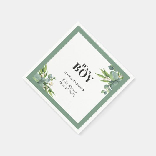 男の子の手のひら離れフローラグリーンベイビーシャワー スタンダードカクテルナプキン (角)