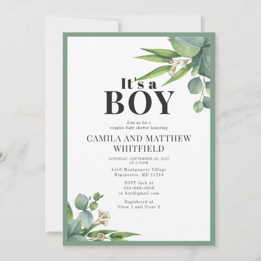 男の子の手のひら離れフローラグリーンベイビーシャワー 招待状 (正面)
