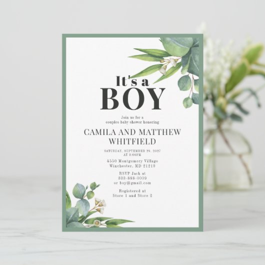 男の子の手のひら離れフローラグリーンベイビーシャワー 招待状 (スタンド正面)