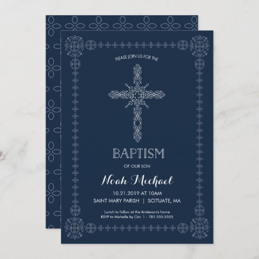 男の子の招待状のエレガントな十字に洗礼を施す洗礼 招待状 (正面/裏面)