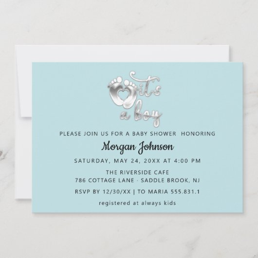 男の子の新生児シャワーブルーシルバー 招待状 (正面)