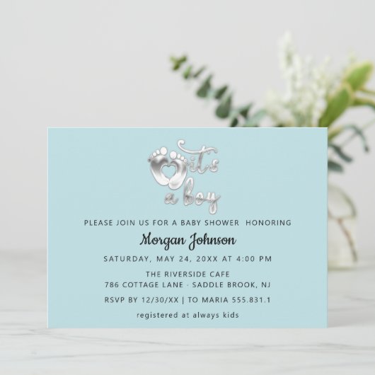 男の子の新生児シャワーブルーシルバー 招待状 (スタンド正面)