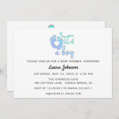 男の子の新生児シャワーブルーハート足 招待状 (正面/裏面)