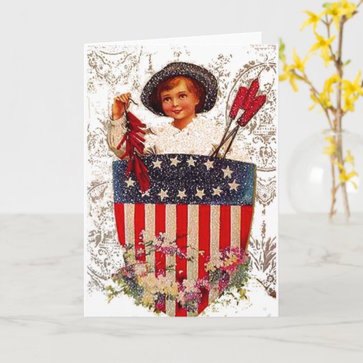男の子の旗の7月4日の愛国心が強いヴィンテージの郵便はがきの芸術 カード (黄色い花)