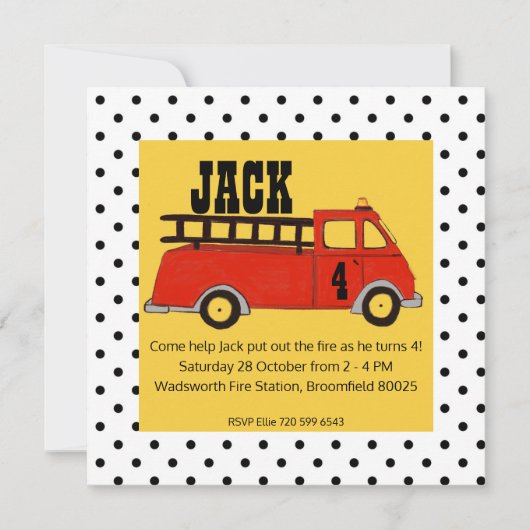 男の子の普通消防車の消防署の消防署の赤のトラック 招待状 (正面)