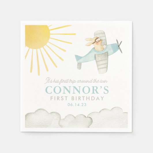 男の子の最初ののまわりに旅行ザ太陽飛行機1st誕生日 スタンダードカクテルナプキン (正面)