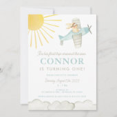 男の子の最初ののまわりに旅行ザ太陽飛行機1st誕生日 招待状 (正面)