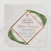 男の子の最初のコミューニオングリーンリー銅大理石シダ 招待状 (正面/裏面)