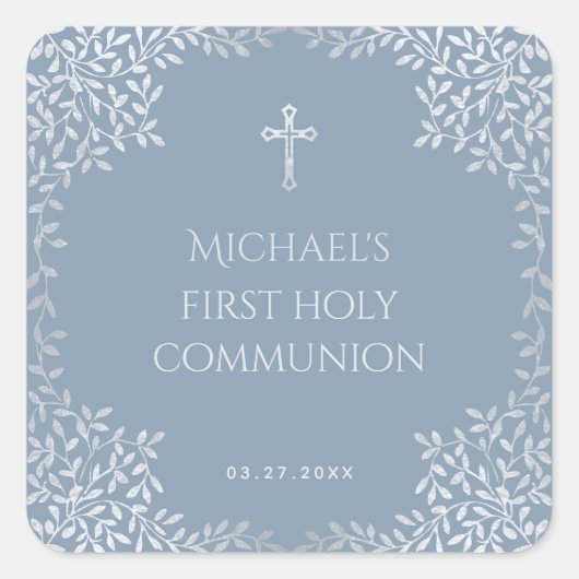 男の子の最初の共産塵の青フェイクい銀離れの スクエアシール (正面)