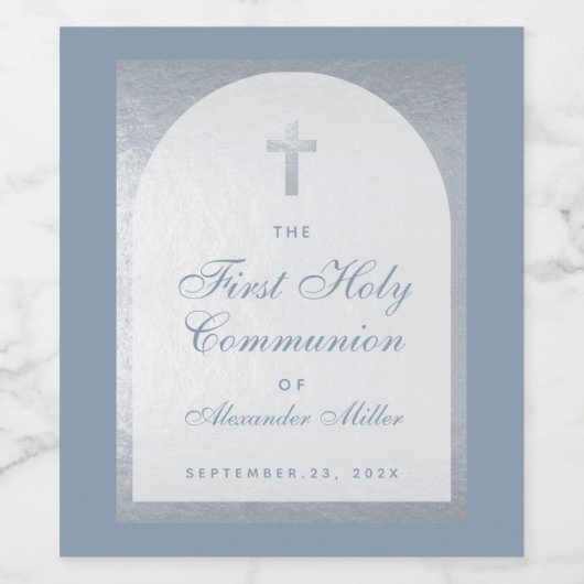 男の子の最初の共産塵の青フェイク銀のアーチ ワインラベル (シングルラベル)