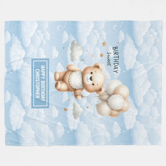男の子の最初の誕生日のための水色テディ毛布 フリースブランケット (正面(横))