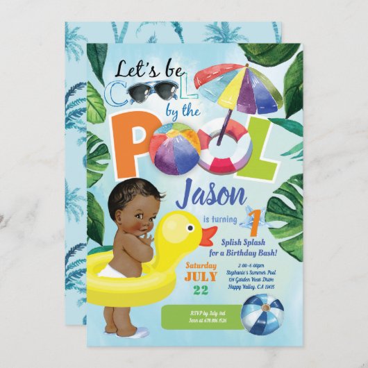 男の子の最初の誕生日プールパーティートロピカル 招待状 (正面/裏面)