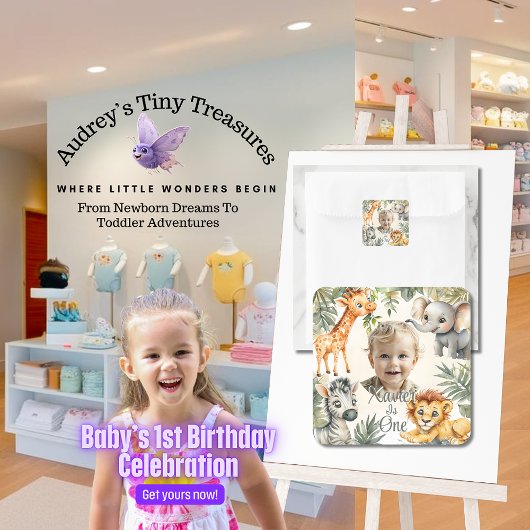 男の子の最初の誕生日 – ジャングルサファリのシール スクエアシール