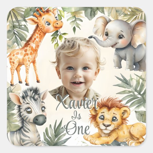 男の子の最初の誕生日 – ジャングルサファリのシール スクエアシール (正面)