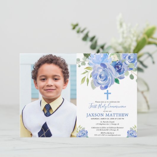 男の子の最初聖餐式の写真の招待 招待状 (スタンド正面)