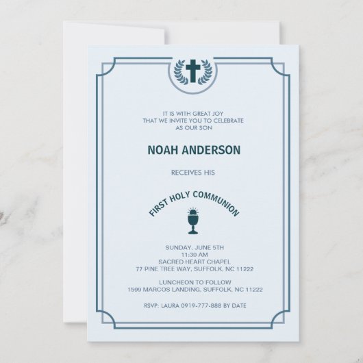 男の子の最初聖餐式の招待状の青 招待状 (正面)