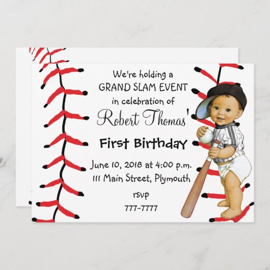 男の子の最初誕生日のパーティの招待状の野球 招待状 (正面/裏面)