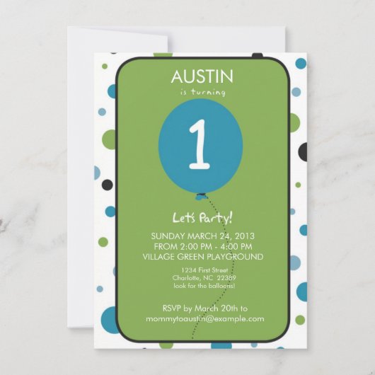 男の子の最初誕生日の気球のパーティー 招待状 (正面)