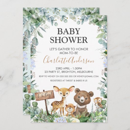 男の子の森の動物と緑のベビーシャワー 招待状 (正面/裏面)
