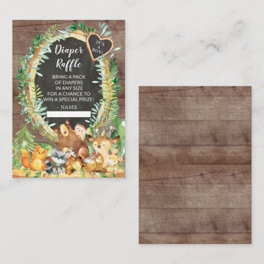 男の子の森の赤ちゃんシャワーおむつラッフル エンクロージャーカード (正面/裏面)