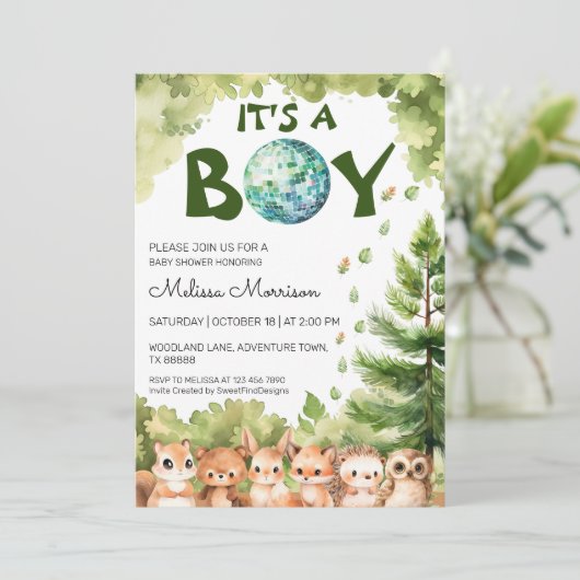 男の子の森ディスコのボール男の赤ちゃんシャワー 招待状 (スタンド正面)