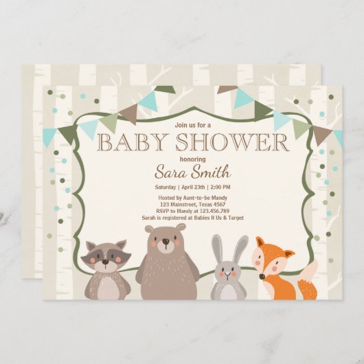 男の子の森林ベビーシャワーの招待動物の森林 招待状 (正面/裏面)