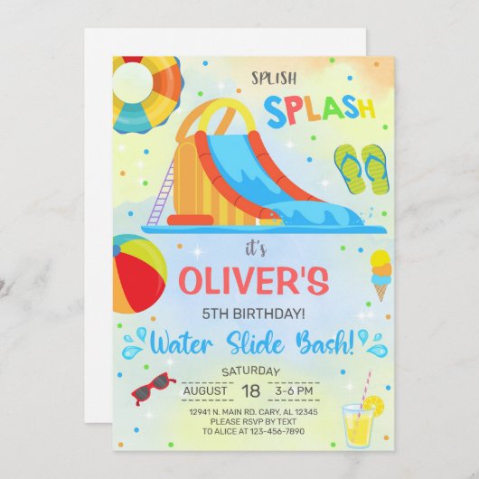 男の子の水スライド夏の誕生日の招待招待状。 招待状 (正面/裏面)