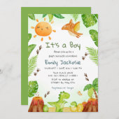 男の子の水彩恐竜の緑の男の子ベビー 招待状 (正面/裏面)