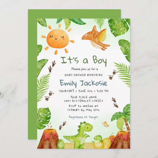 男の子の水彩恐竜の緑の男の子ベビー 招待状 (正面/裏面)