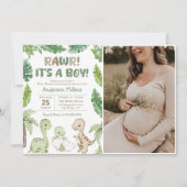 男の子の水彩恐竜の赤ちゃんシャワー写真 招待状 (正面)