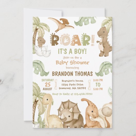 男の子の水彩恐竜の赤ちゃんシャワー 招待状 (正面)