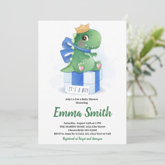 男の子の水彩恐竜の赤ちゃんシャワー 招待状 (スタンド正面)