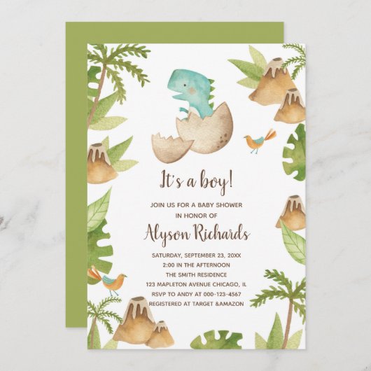 男の子の水彩恐竜の赤ちゃんシャワー 招待状 (正面/裏面)