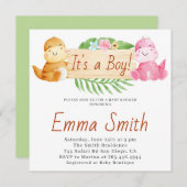 男の子の水彩恐竜の赤ちゃんシャワー 招待状 (正面/裏面)