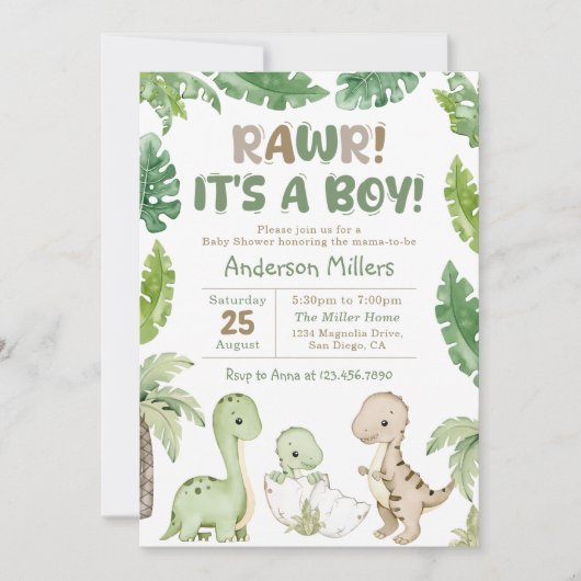 男の子の水彩恐竜の赤ちゃんシャワー 招待状 (正面)