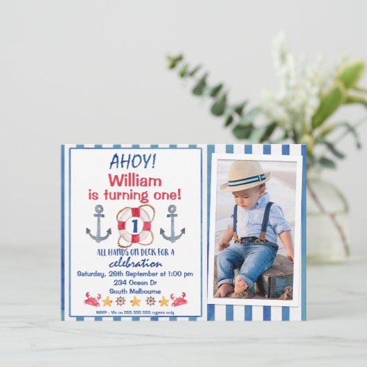 男の子の水彩画の航海のな誕生日のパーティの招待状 招待状 (スタンド正面)
