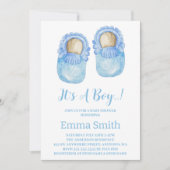 男の子の水色かわいいベビーシューズ赤ちゃんシャワー 招待状 (正面)