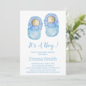 男の子の水色かわいいベビーシューズ赤ちゃんシャワー 招待状 (スタンド正面)
