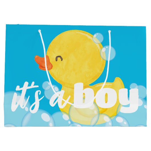 男の子の水色のゴムダッキー（アヒルちゃん） ラージペーパーバッグ (裏面)