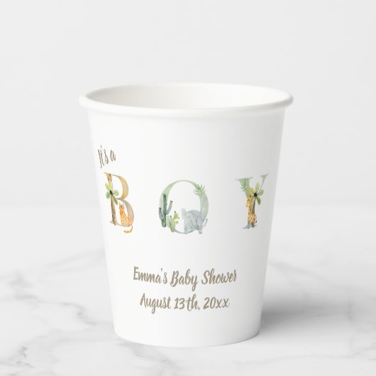 男の子の水色のサファリ動物のベビーシャワー 紙コップ (正面)