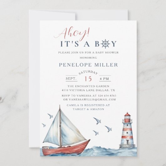 男の子の水色の赤ん航海の坊シャワー 招待状 (正面)
