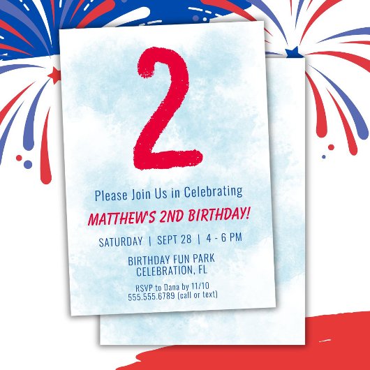 男の子の水色キッズブルー2nd誕生日 招待状