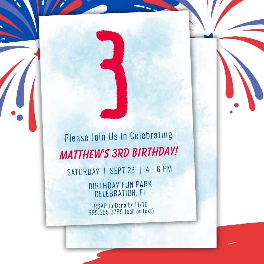 男の子の水色キッズブルー3日の誕生日 招待状