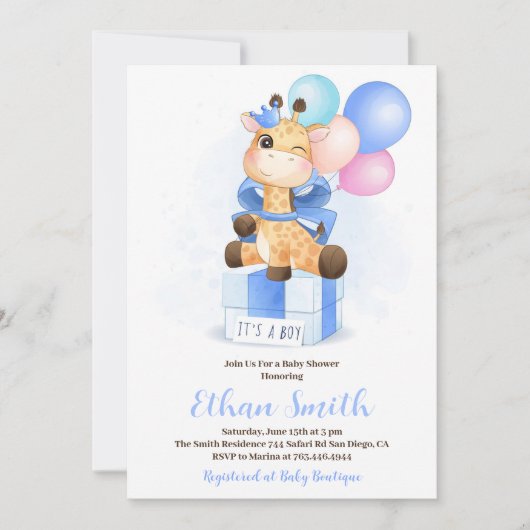 男の子の水色キリン赤ちゃんシャワー 招待状 (正面)